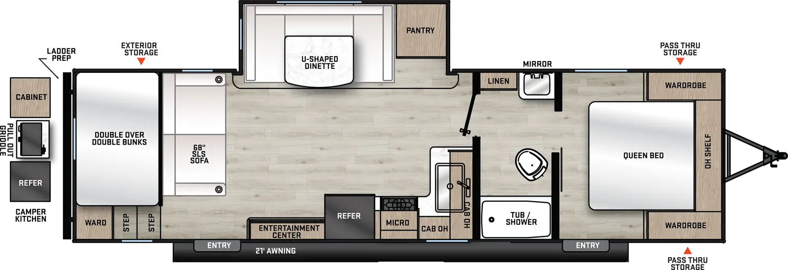 The 271DBS has one slideout and two entry doors. Exterior features a 21 foot awning, front pass thru storage, and rear camper kitchen with cabinet, pullout griddle and refrigerator. Interior layout front to back: foot facing queen bed with overhead shelf, wardrobes on each side, and entry door; pass through full bathroom with linen closet; off-door side slideout with pantry and u-dinette; kitchen counter along inner wall that wraps to door side with sink, overhead cabinet, microwave, cooktop, refrigerator, entertainment center and entry door; rear double over double bunks with wardrobe, and sofa in front of it.